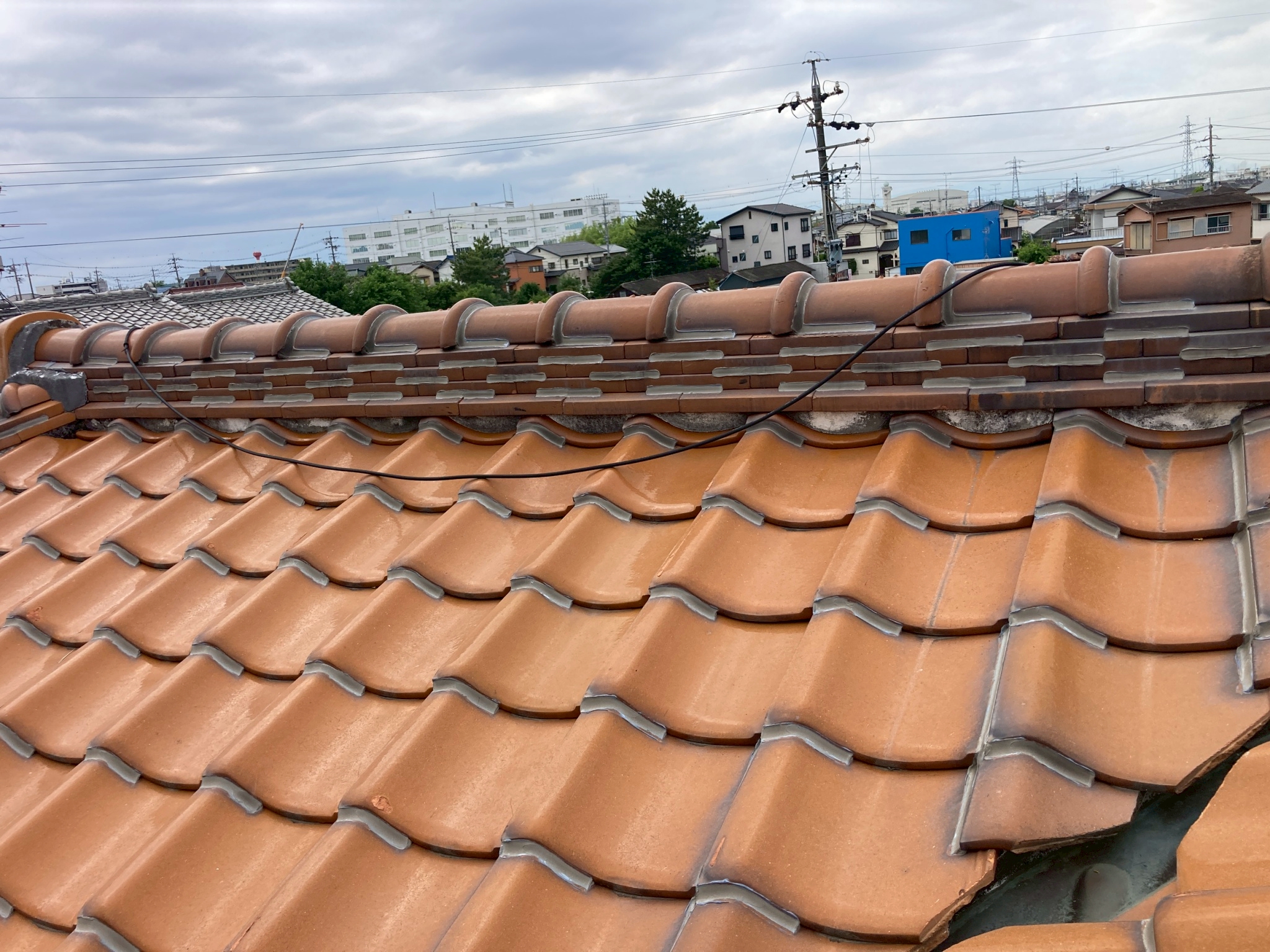 岐阜市｜瓦屋根の漆喰が劣化！近くで見ると黒く変色しカビが生えていました